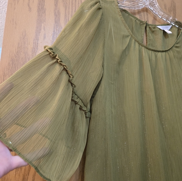 Beautiful sheer green top with gold metallic threads and 3/4 sleeves. - Picture 5 of 7